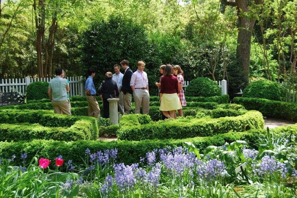 Group of people chatting in manicured boxwood garden