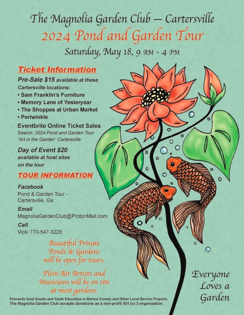 A poster with information about the 2 0 1 4 pond and garden tour.