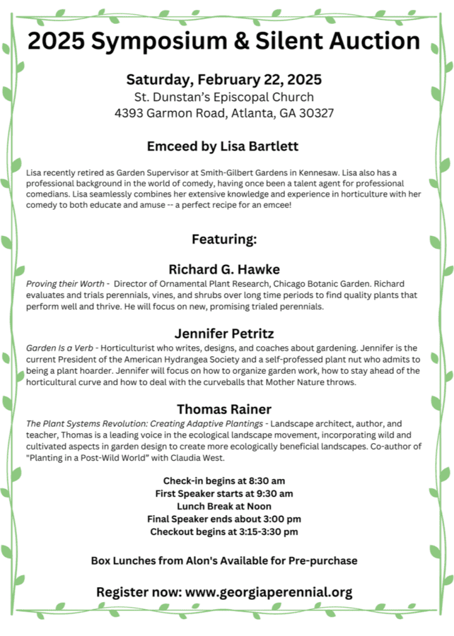 Flyer for 2025 Symposium & Silent Auction featuring speakers on gardening and horticulture.