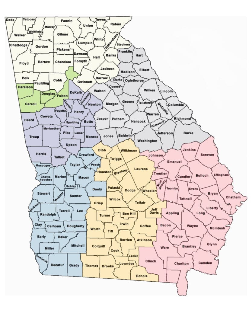Map of Georgia counties with color-coded regions.