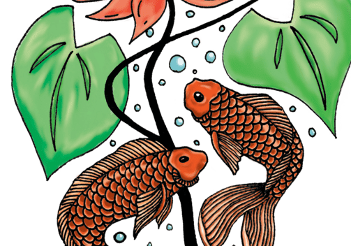 Two koi fish swimming beneath a lotus flower and large green leaves.