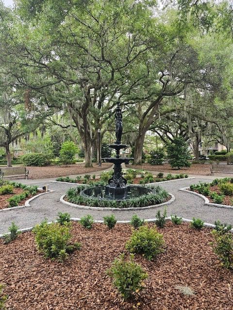 A fountain in the middle of a park surrounded by trees.