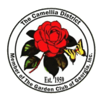 Logo of The Camellia District featuring a red camellia and yellow butterfly.