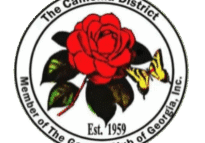 Logo of The Camellia District featuring a red camellia and yellow butterfly.