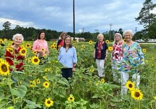 Group of smiling women standing in sunflower field