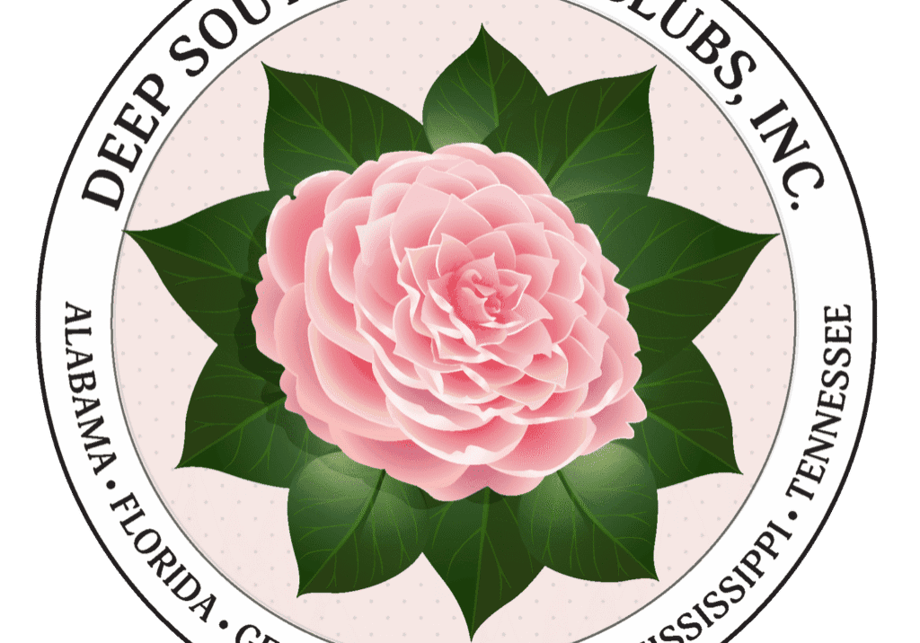 Circular emblem with pink camellia and text